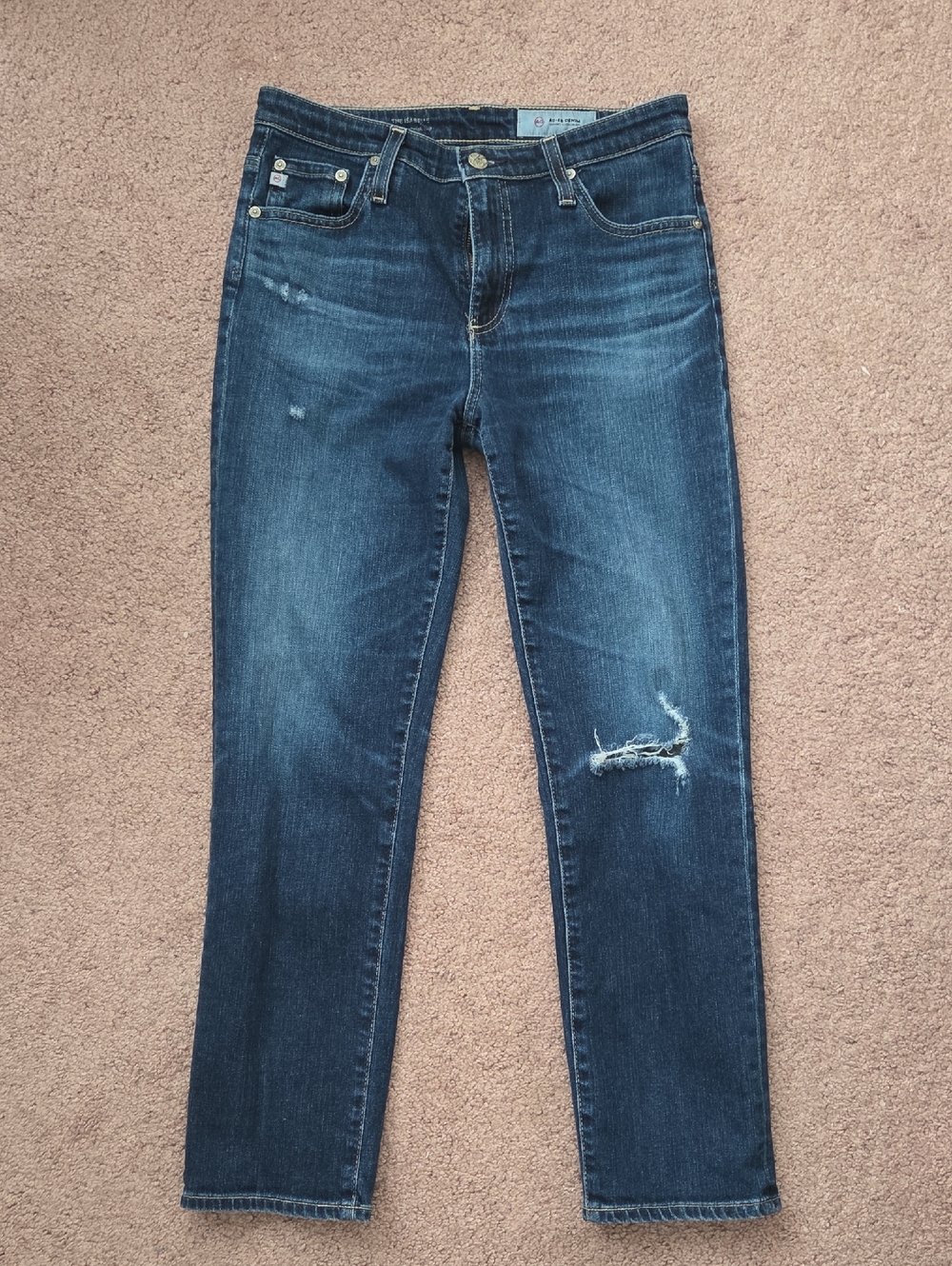 Ag Adriano Goldschmied Dark Blue Denim Jeans with Tan Stitching
